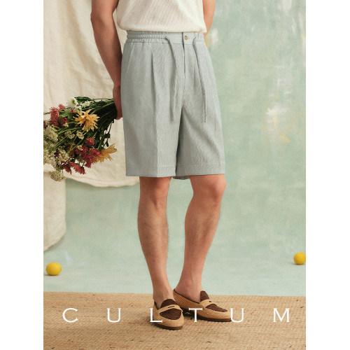 【可機洗易打理】CULTUM波浪肌理慵懶度假風抽繩單褶直筒短褲男