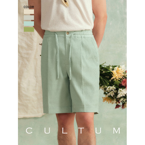 【可機洗易打理】CULTUM波浪肌理慵懶度假風抽繩單褶直筒短褲男