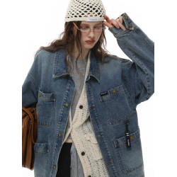 HETYY復古藍色牛仔外套男女同款2025秋季新款多口袋設計減齡上衣