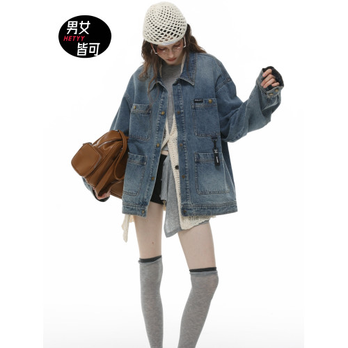 HETYY復古藍色牛仔外套男女同款2025秋季新款多口袋設計減齡上衣