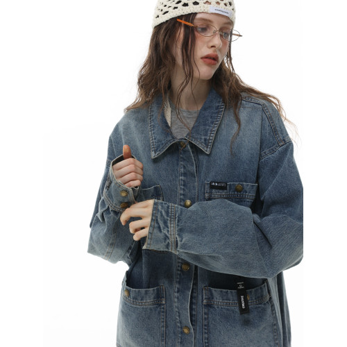 HETYY復古藍色牛仔外套男女同款2025秋季新款多口袋設計減齡上衣