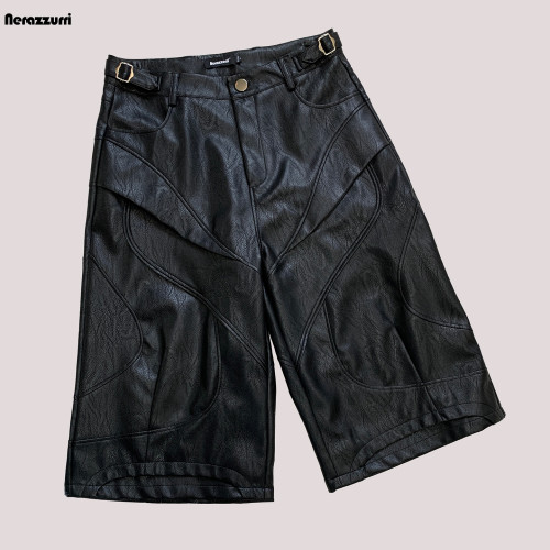 nerazzurri黑色重工七分褲PU皮褲男解搆短褲男士短褲子2025新款
