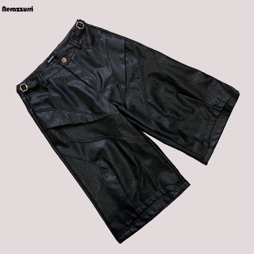 nerazzurri黑色重工七分褲PU皮褲男解搆短褲男士短褲子2025新款