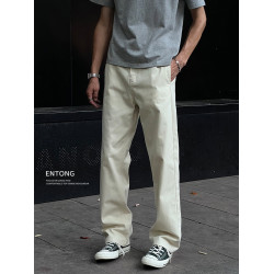 Entong美式高街cleanfit直筒杏色休閒褲子男早秋新款寬鬆百搭長褲