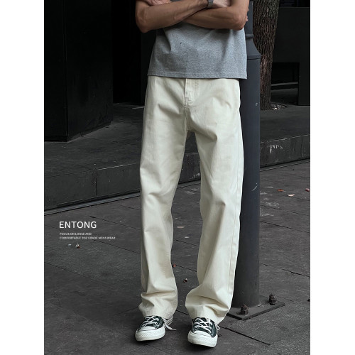 Entong美式高街cleanfit直筒杏色休閒褲子男早秋新款寬鬆百搭長褲