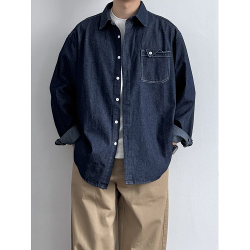 ONUN 復古水洗工裝口袋牛仔襯衫長袖男生秋季百搭寬鬆襯衣外套潮