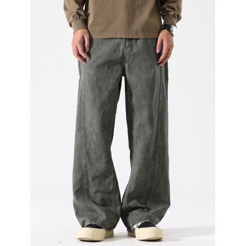 August美式紥染工裝牛仔褲男水洗拼接長褲大直筒寬鬆男士休閒褲子