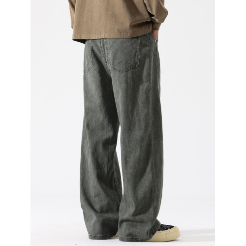 August美式紥染工裝牛仔褲男水洗拼接長褲大直筒寬鬆男士休閒褲子