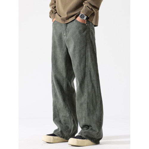 August美式紥染工裝牛仔褲男水洗拼接長褲大直筒寬鬆男士休閒褲子