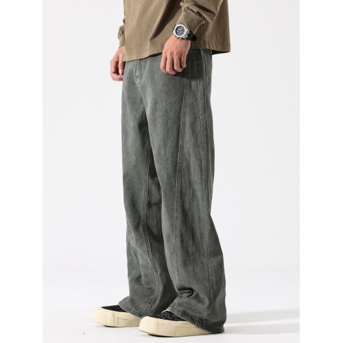 August美式紥染工裝牛仔褲男水洗拼接長褲大直筒寬鬆男士休閒褲子