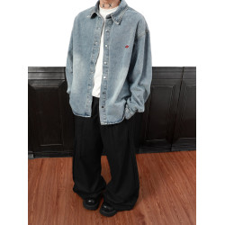 美式復古字母刺綉牛仔襯衫男女秋季新款潮牌寬鬆休閒百搭襯衣外套