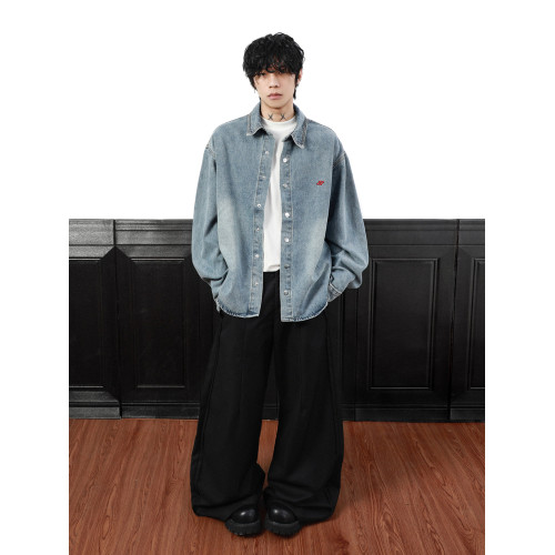 美式復古字母刺綉牛仔襯衫男女秋季新款潮牌寬鬆休閒百搭襯衣外套