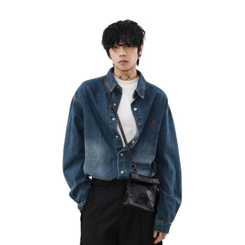 美式復古字母刺綉牛仔襯衫男女秋季新款潮牌寬鬆休閒百搭襯衣外套