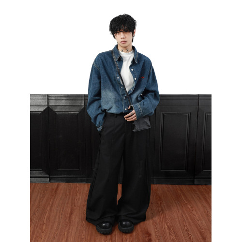 美式復古字母刺綉牛仔襯衫男女秋季新款潮牌寬鬆休閒百搭襯衣外套