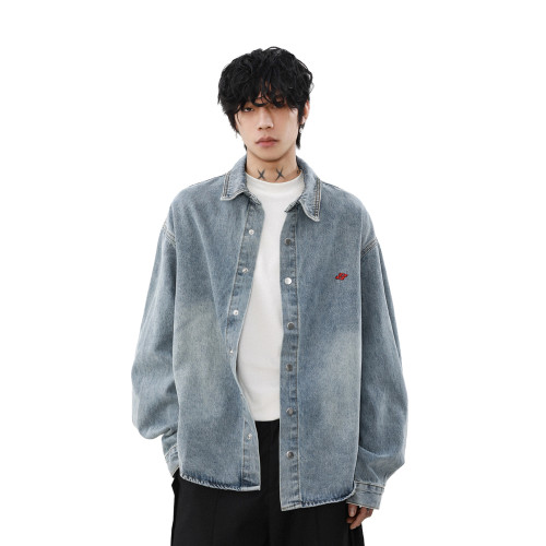 美式復古字母刺綉牛仔襯衫男女秋季新款潮牌寬鬆休閒百搭襯衣外套