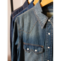 7oz竹節棉水洗做舊全棉美式復古長袖牛仔襯衫基礎男女按釦秋上衣