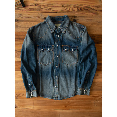 7oz竹節棉水洗做舊全棉美式復古長袖牛仔襯衫基礎男女按釦秋上衣