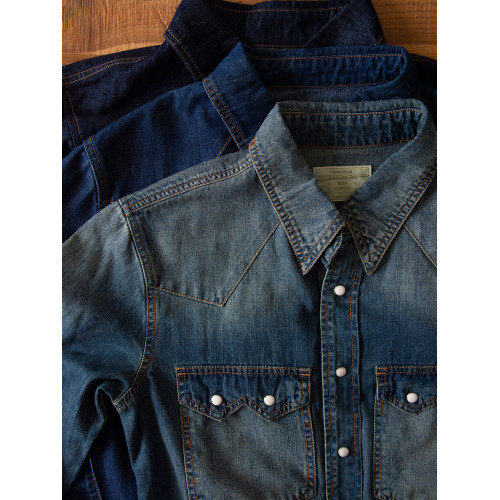 7oz竹節棉水洗做舊全棉美式復古長袖牛仔襯衫基礎男女按釦秋上衣