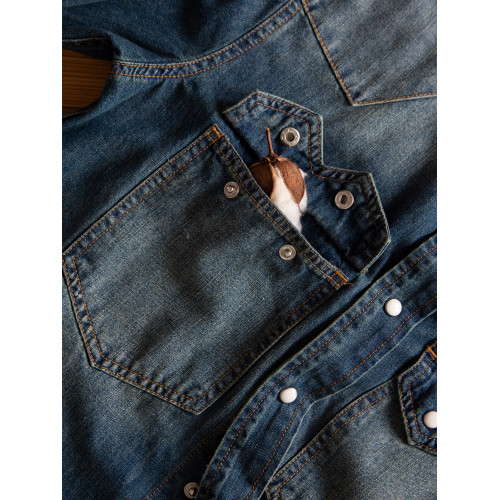 7oz竹節棉水洗做舊全棉美式復古長袖牛仔襯衫基礎男女按釦秋上衣