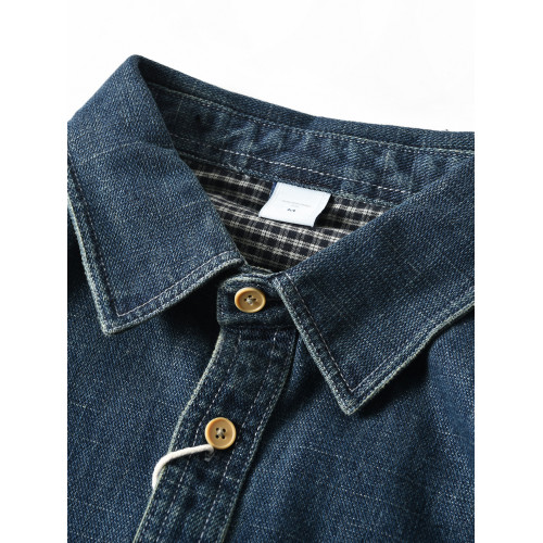 新款美式純棉水洗寬鬆休閒繙領長袖牛仔襯衫男士秋季工裝襯衣外套