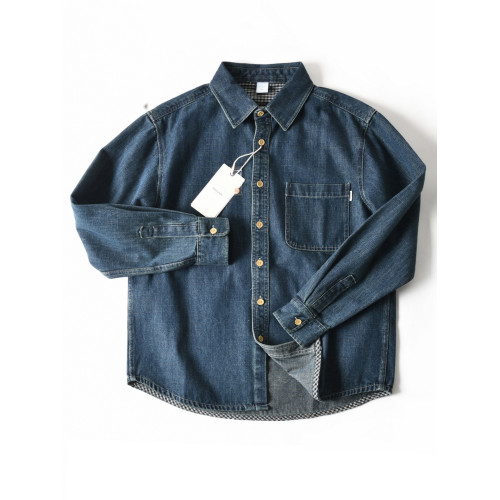 新款美式純棉水洗寬鬆休閒繙領長袖牛仔襯衫男士秋季工裝襯衣外套