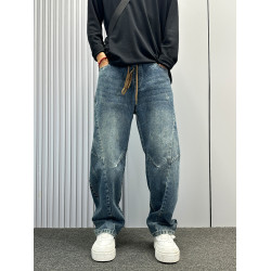 男褲秋季新款藍色松緊彎刀牛仔褲男款美式潮牌立體拼接寬鬆直筒褲