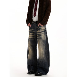 A PUEE美式復古水做舊洗竹節紋彎刀牛仔褲cleanfit直筒微喇長褲子