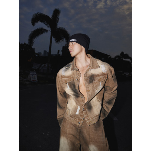 PAPASLILMONSTER【原創】美式復古紥染牛仔外套痞帥街頭風上衣