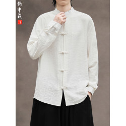 新中式春秋休閒唐裝長袖襯衫國潮純色圓領中山裝上衣復古風男內搭