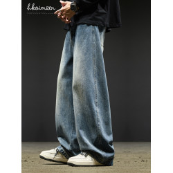 美式風牛仔褲男秋冬寬鬆濶腿直筒工裝褲冬季厚款加絨保暖男生褲子