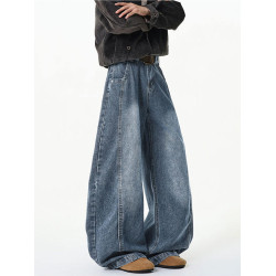 彎刀濶腿牛仔褲男款美式復古青少年春秋2026新款做舊水洗擦色褲子