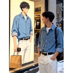 cleanfit藍色韓系牛仔襯衫男款秋冬季高級感長袖襯衣繙領工裝外套