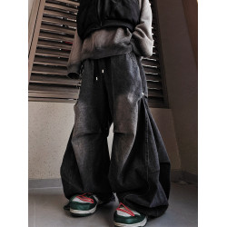 UUCSCC嘻哈美式復古濶腿微喇叭拖地褲潮牌vintage褶皺彎刀牛仔褲