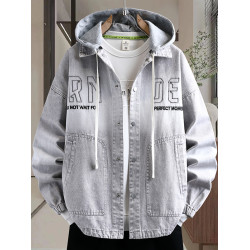 可脫卸連帽牛仔外套男漸變色字母刺綉寬鬆夾克2026春季復古上衣服