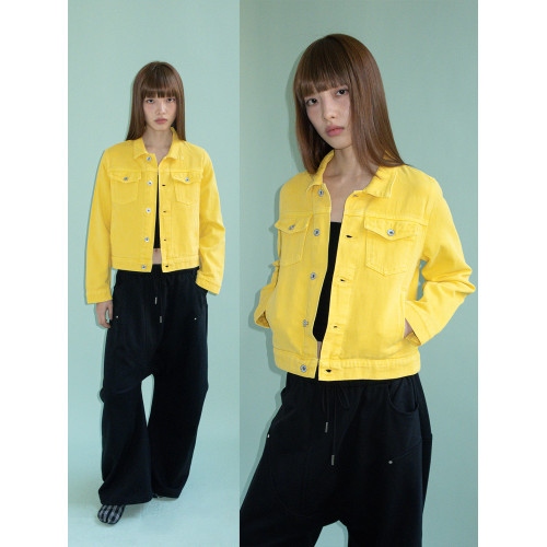 FUNKYFUN 明黃色亮色 洗水做舊短款繙領夾克牛仔外套