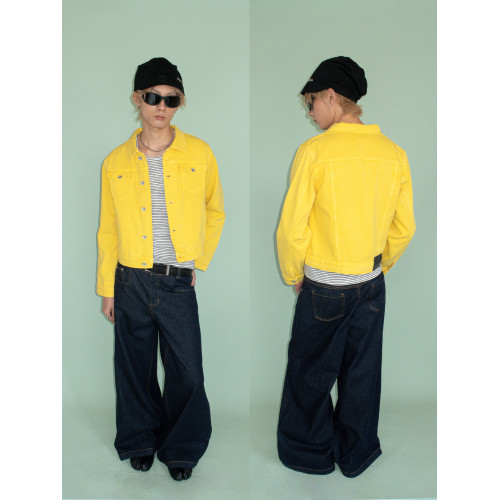 FUNKYFUN 明黃色亮色 洗水做舊短款繙領夾克牛仔外套