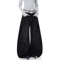 BLACKLISTS美式反穿口袋設計感燙鑽彎刀牛仔褲男女做舊寬鬆濶腿褲