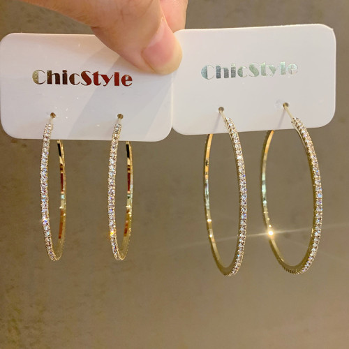 S925銀針歐美風網紅HOOP金屬鑲鑽大圈誇張韓國耳環潮人個性耳圈女