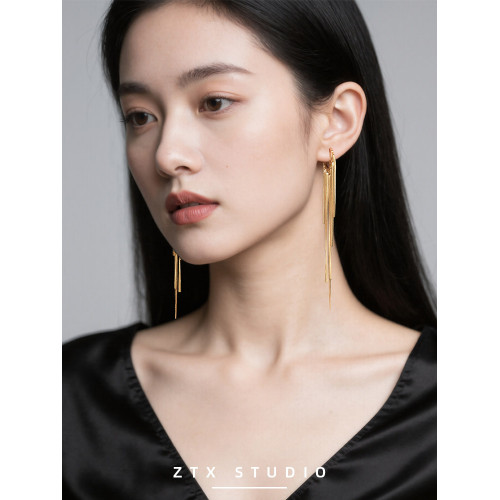 ZTX 超長流蘇耳夾無耳洞女金色氣質高級感輕奢蚊香盤耳飾無痛耳環