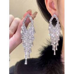 輕奢超閃滿鑽鋯石銀色流蘇耳墜氣質高級聚會禮服造型銀針新款耳飾