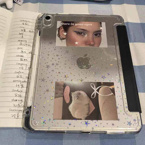 黑色星星韓系原創插畫ipad殼3+y折平板保護套防彎亞克力背板適用於ipad蘋果air4567pro11寸A16筆槽