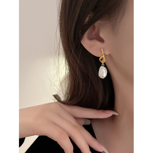 法式復古巴洛克天然珍珠耳環女獨特設計高級輕奢中式氣質繩結耳釘