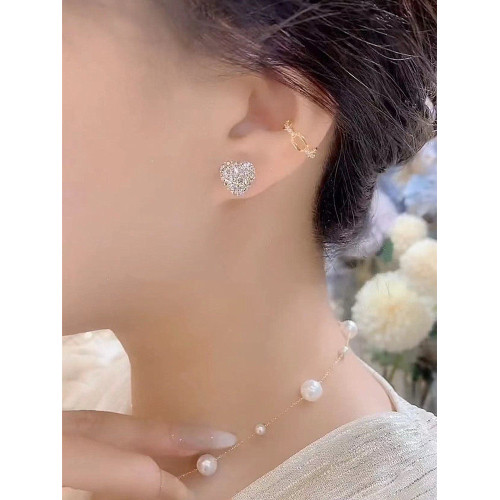 一款兩戴珍珠鑲鑽愛心耳環小衆銀針耳釘2025新款爆款氣質少女耳飾