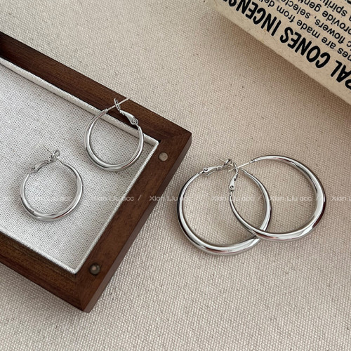 銀色素圈耳環女2025新款爆款輕奢高級感耳圈時尚設計感冷淡風耳飾