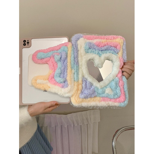 彩虹糖毛絨愛心鏡面適用iPad保護殼10代10.9寸Air76代Pro11/12.9防摔9代10.2寸9.7/10.5旋轉360度mini7平板套