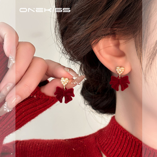 紅色植絨蝴蝶結愛心仿仿仿珍珠耳環女2025新款爆款耳夾無耳洞高級 紅色植絨蝴蝶結愛心仿仿仿珍珠耳環女2025新款爆款耳夾無耳洞高級