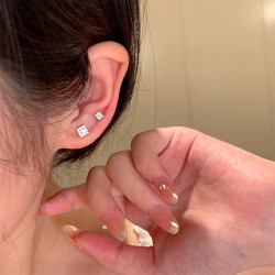 通體925銀小方糖閃鋯養耳洞耳釘女輕奢高級感耳飾女睡覺免摘耳環