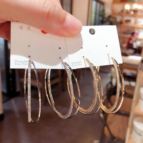 小衆高級感鋯石圈圈交叉耳圈耳環2025年新款潮網紅氣質銀針耳飾女