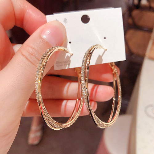 小衆高級感鋯石圈圈交叉耳圈耳環2025年新款潮網紅氣質銀針耳飾女