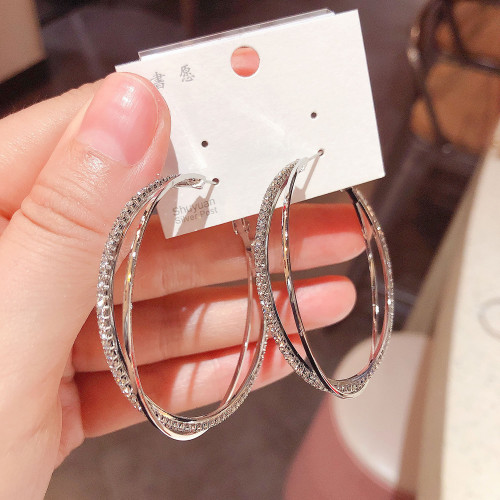 小衆高級感鋯石圈圈交叉耳圈耳環2025年新款潮網紅氣質銀針耳飾女